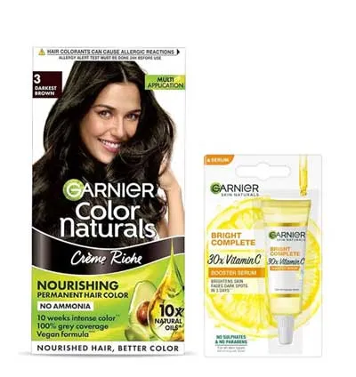 Garnier 3 Darkest Brown Color-free Vitamin C Brightening Combo (70Ml+60G+7Ml+25G)